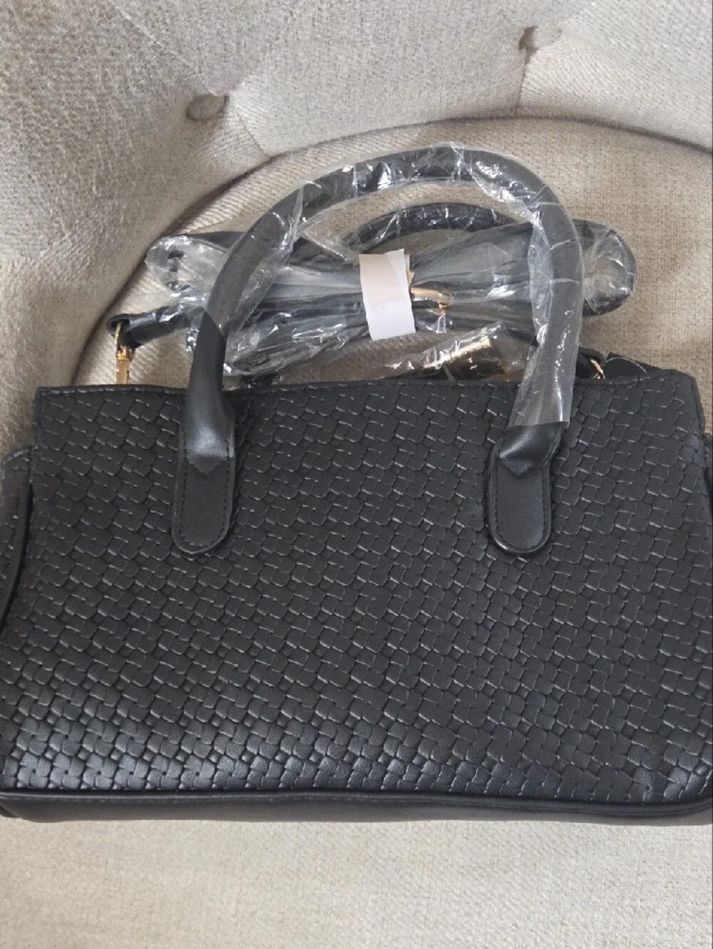 NWT bebe Black Woven Satchel with Gold Logo